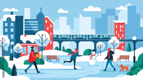 Winter cityscape with people skating on ice rink