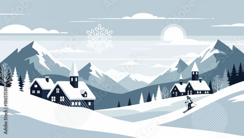 Winter landscape with village and skier illustration
