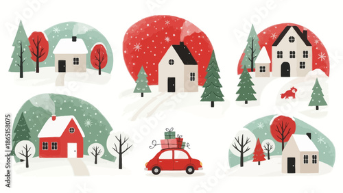 Winter village scene with cozy houses