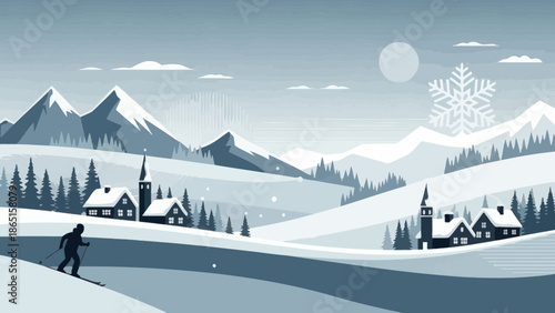 Winter landscape with skier and village