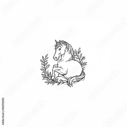 Line art illustration of a majestic horse in a reclining pose, gracefully surrounded by a wreath of leaves, rendered in a simple black and white sketch style.