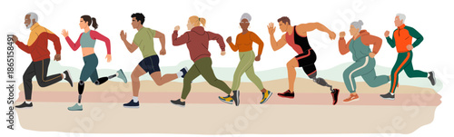 Modern digital illustration of diverse runners, including various ages and abilities, running across a minimalist landscape in mid-stride.