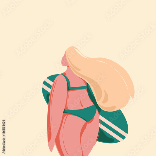 A flat vector illustration of a woman with long blonde hair in a teal bikini holding a surfboard, with her back to the viewer on a beige background.
