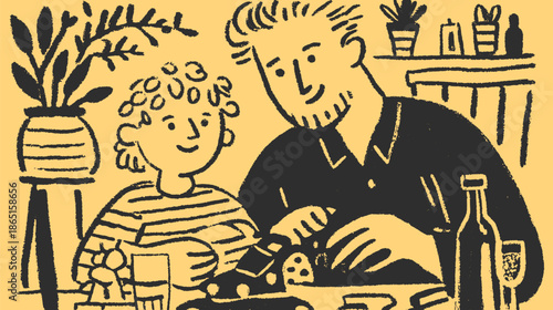 Family dinner scene. Simple black and yellow vector illustration depicting a parent and child enjoying food and drinks together at the table.