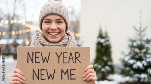 New year celebration urban park lifestyle photo festive atmosphere close-up view self-improvement concept with smiling woman holding new year resolution sign
