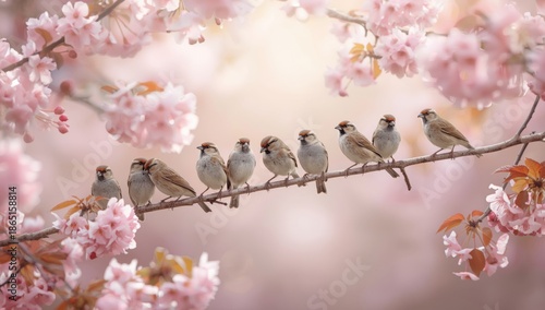 Sparrows Perched Page Branch Surrounded Pink Blossoms Soft Natural Light Wildlife Photography