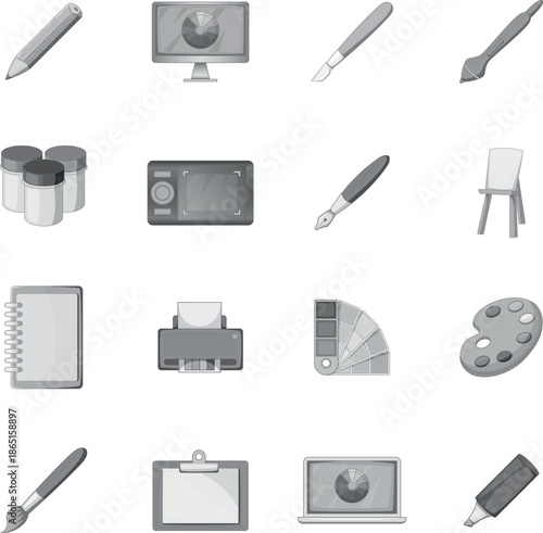 Drawing and painting tool icons set monochrome