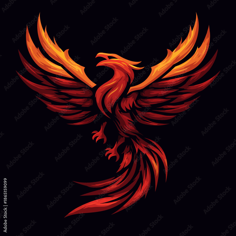 Obraz premium Fiery phoenix illustration with spread wings on dark background