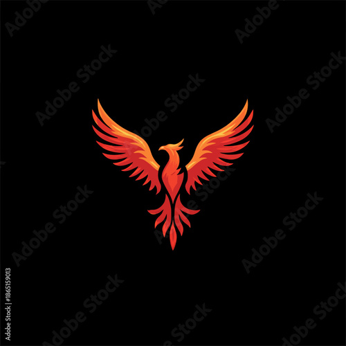 Fiery phoenix illustration symbolic bird with wings spread against black background