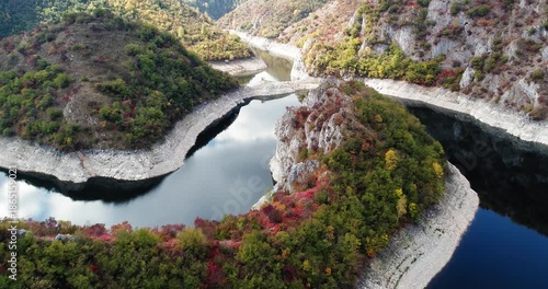 Aerial view of Uvac River canyon with steep limestone cliffs