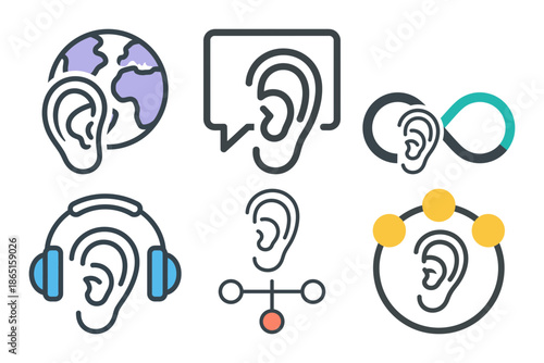 Set of six line art brain function icons for creativity problem solving and communication