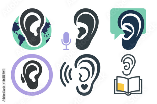 Set of six abstract ear logo icons for sound awareness hearing protection and notification alerts