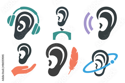 Set of six ear icons for listening concepts including music nature sounds support and hearing technology