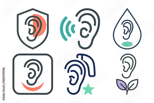 Set of six ear icons for global communication learning and hearing assistance with globe microphone and audiobook symbols