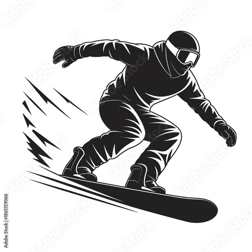A dynamic black and white vector illustration of a snowboarder carving down a slope