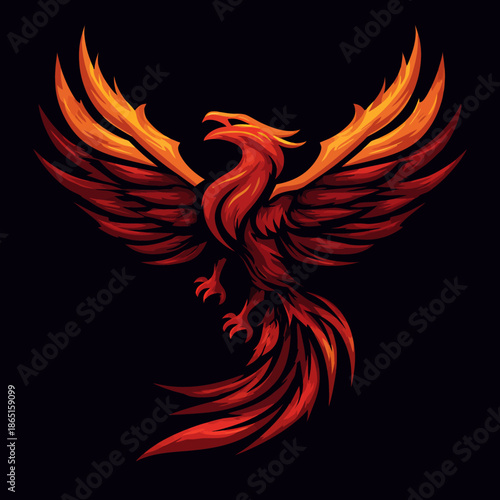 Fiery phoenix illustration with spread wings on dark background