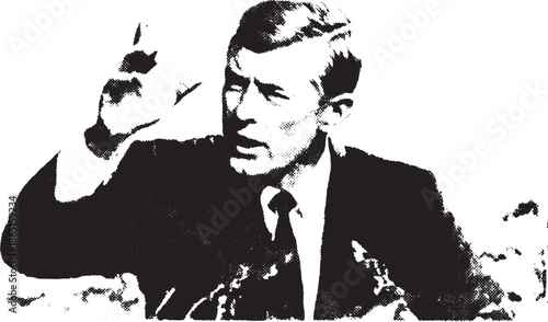 Male politician giving a speech in a classic black and white vector illustration. Simple design emphasizing gesture and expression.