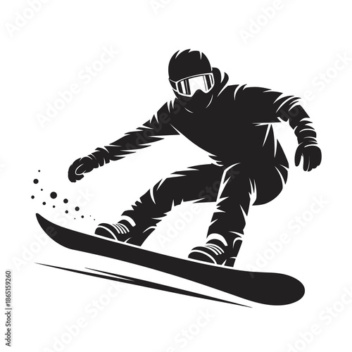 A dynamic black silhouette illustration depicting a snowboarder riding down a snowy slope