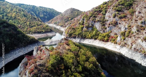 Aerial view of Uvac River meander winding through canyon