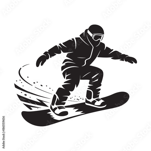 Silhouette illustration of a snowboarder performing a dynamic maneuver