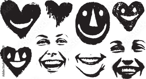 Collection of emotion icons in dry brush style. Black and white vector illustration featuring hearts and smiles in a set.