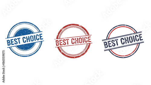 Three Best Choice stamps in blue, red, and gray on black