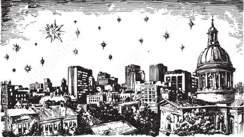 City skyline at night in detailed ink illustration. Black and white vector artwork showing buildings and rooftops in a vintage style.