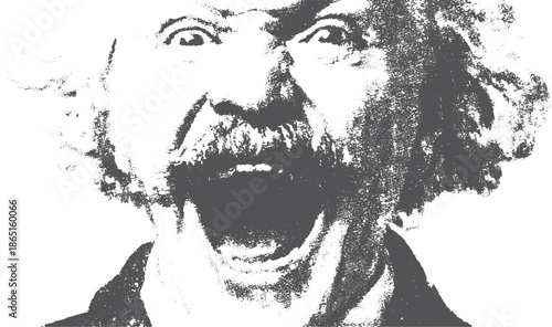 Man's face with a dramatic scream expression. Vintage monochrome vector illustration showcasing strong emotions.