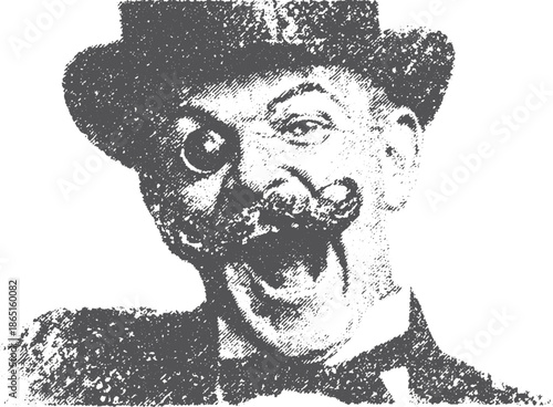 Vintage clown man with a moustache and expressive face. Black and white vector illustration showcasing humor and character in a timeless style.