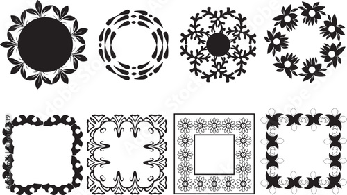 Floral Ornament Frames and Decorative Wreath Elements – Black Vector Set