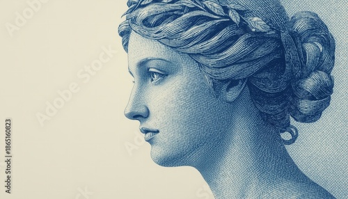 A blue-toned illustration of a woman's face in profile, showcasing her elegant hairstyle and serene expression.