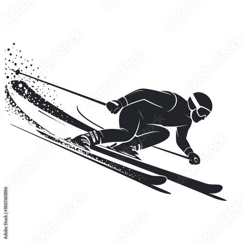 Dynamic black and white illustration of a downhill skier carving a turn on the slopes