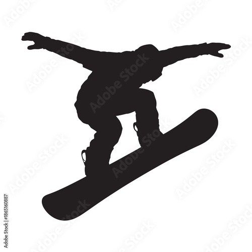 Snowboarder silhouette performing an aerial trick over a white background