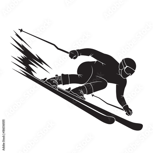 A dynamic black silhouette illustration of a downhill skier carving a high-speed turn through the snow