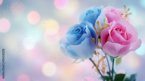 Bouquet of three roses with gold accents. The roses are blue and pink. The background is a light blue color