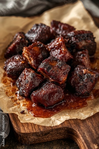 Sticky barbecue burnt ends piled on rustic wooden board with caramelized edges