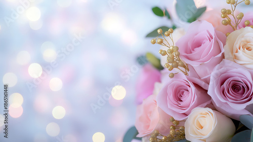 Bouquet of pink and white roses. The roses are arranged in a way that they are not overlapping each other