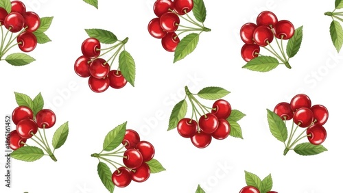 Cherries on a white background with green leaves.