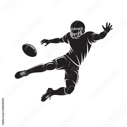 Dynamic black and white silhouette of an american football player kicking the ball