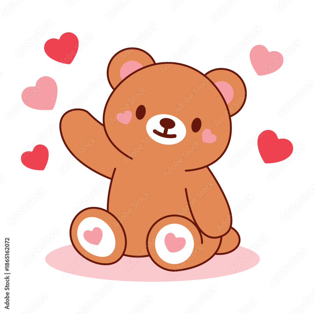 Fototapeta premium Waving Teddy Bear with Hearts Valentine Design