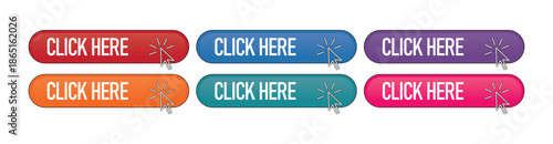 Set of colorful "Click Here" web buttons with mouse cursor icons