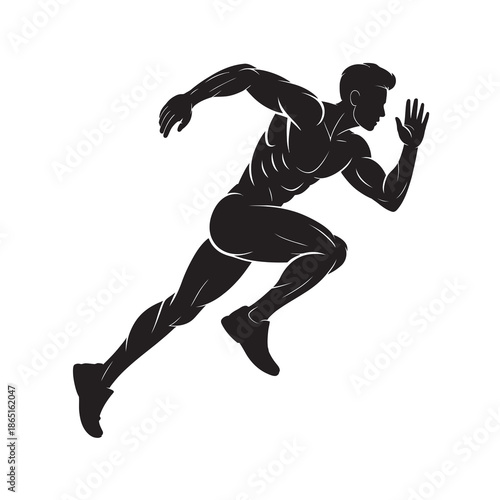 A black silhouette of a muscular male sprinter in an intense running pose against a white background