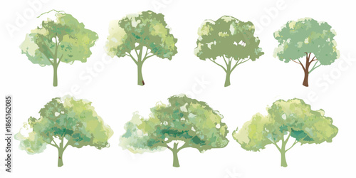 Watercolor collection of various green trees and foliage in a natural arrangement