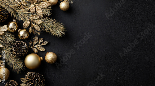 Black background with gold and silver decorations. The ornaments are arranged in a circle