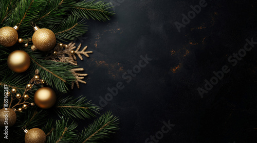 Black background with a tree branch with gold ornaments on it. The branch is full of shiny gold ornaments, including a variety of different shapes and sizes