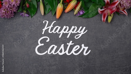 Happy Easter Greeting Card with Floral Arrangement on Dark Gray Background - Elegant Typography Design