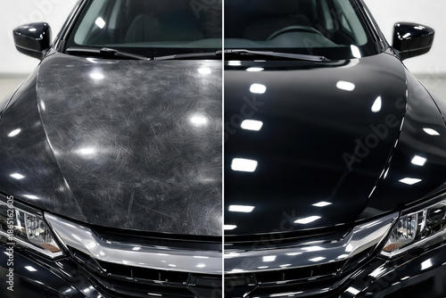 Car paint transformation showcasing the before-and-after of a detailing service result.