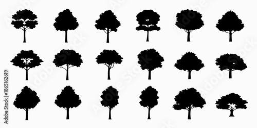 Collection of diverse black silhouette trees against a plain white background