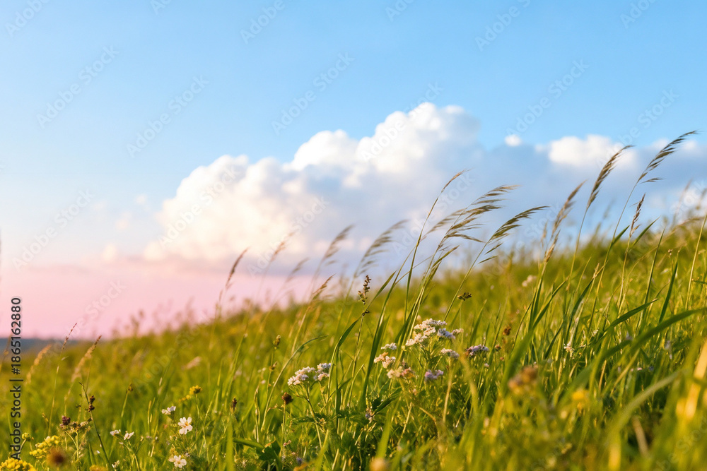 Obraz premium Grassy Hillside with Wildflowers Under Colorful Sky at Sunrise by generative AI technology
