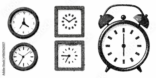 Vintage clocks and alarm clock illustration in black and white sketch style